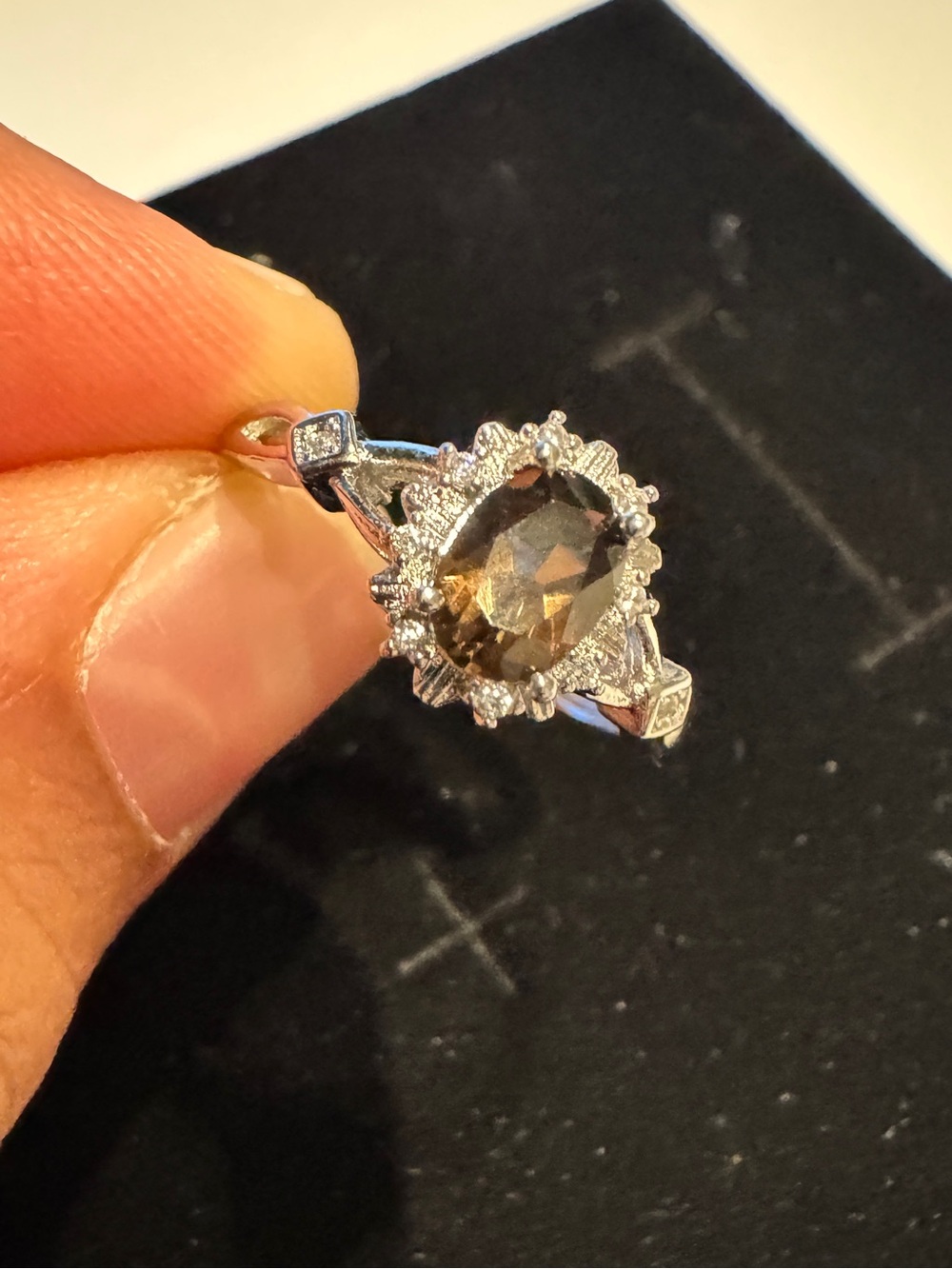 Smoky Quartz Halo Ring - Brown Gemstone adjustable size